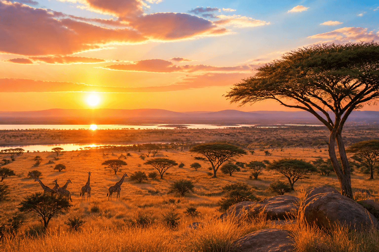 Warm golden African plains at sunset